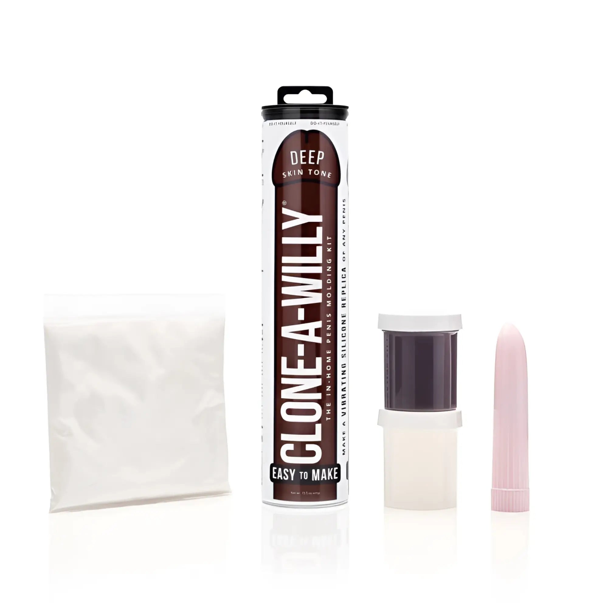 Deep skin tone clone a willy silicone replica kit in cylindrical tube with white and brown packaging