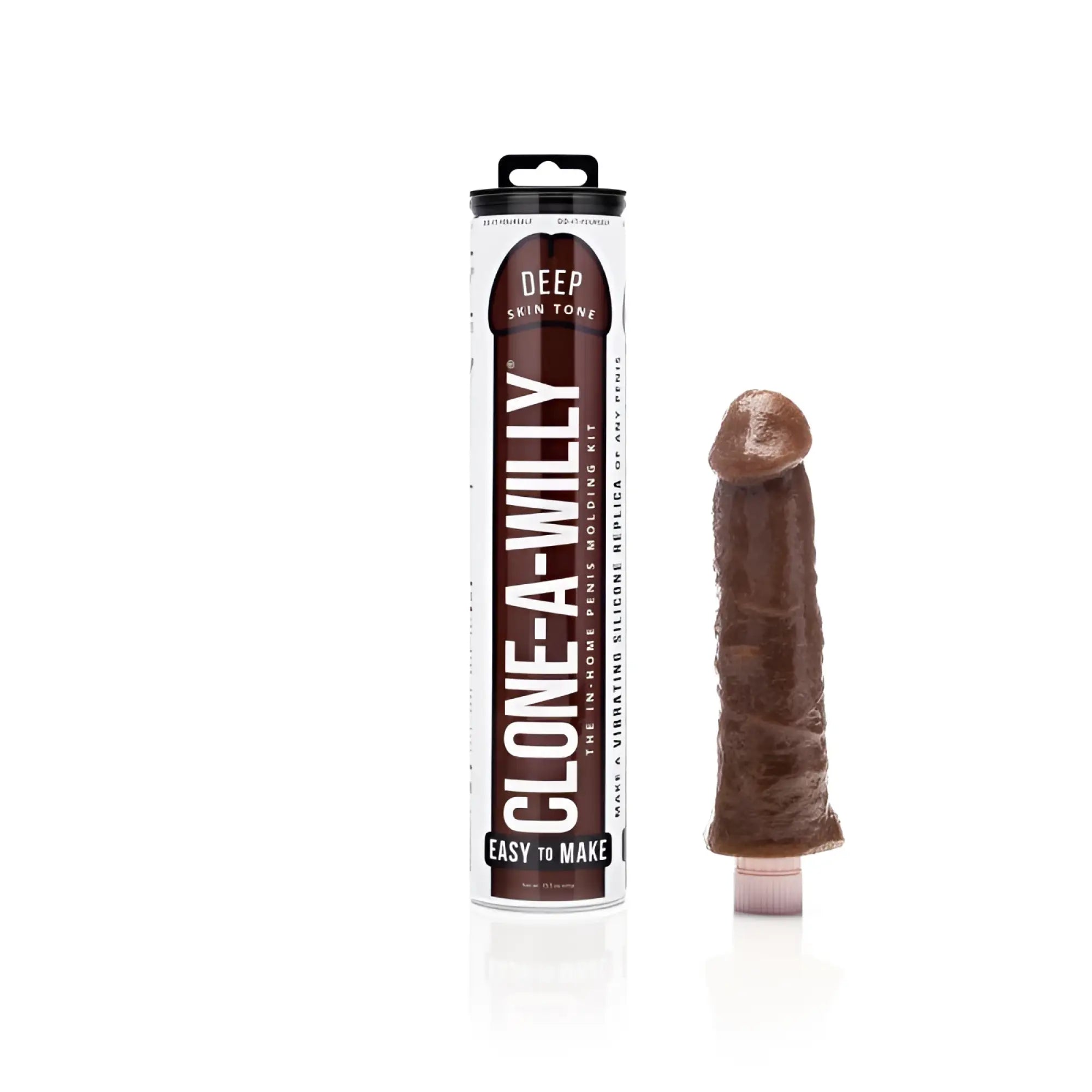 Skin-tone silicone vibrating penis replica in a cylindrical clone a willy tube for deep skin tone molding