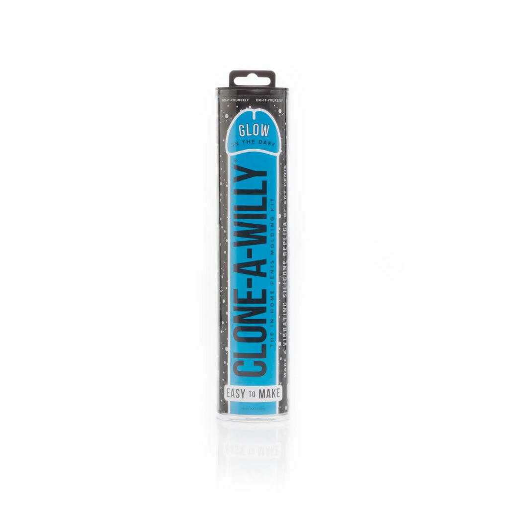 Blue and black clone a willy glow silicone molding kit in a clear cylindrical package for diy casting