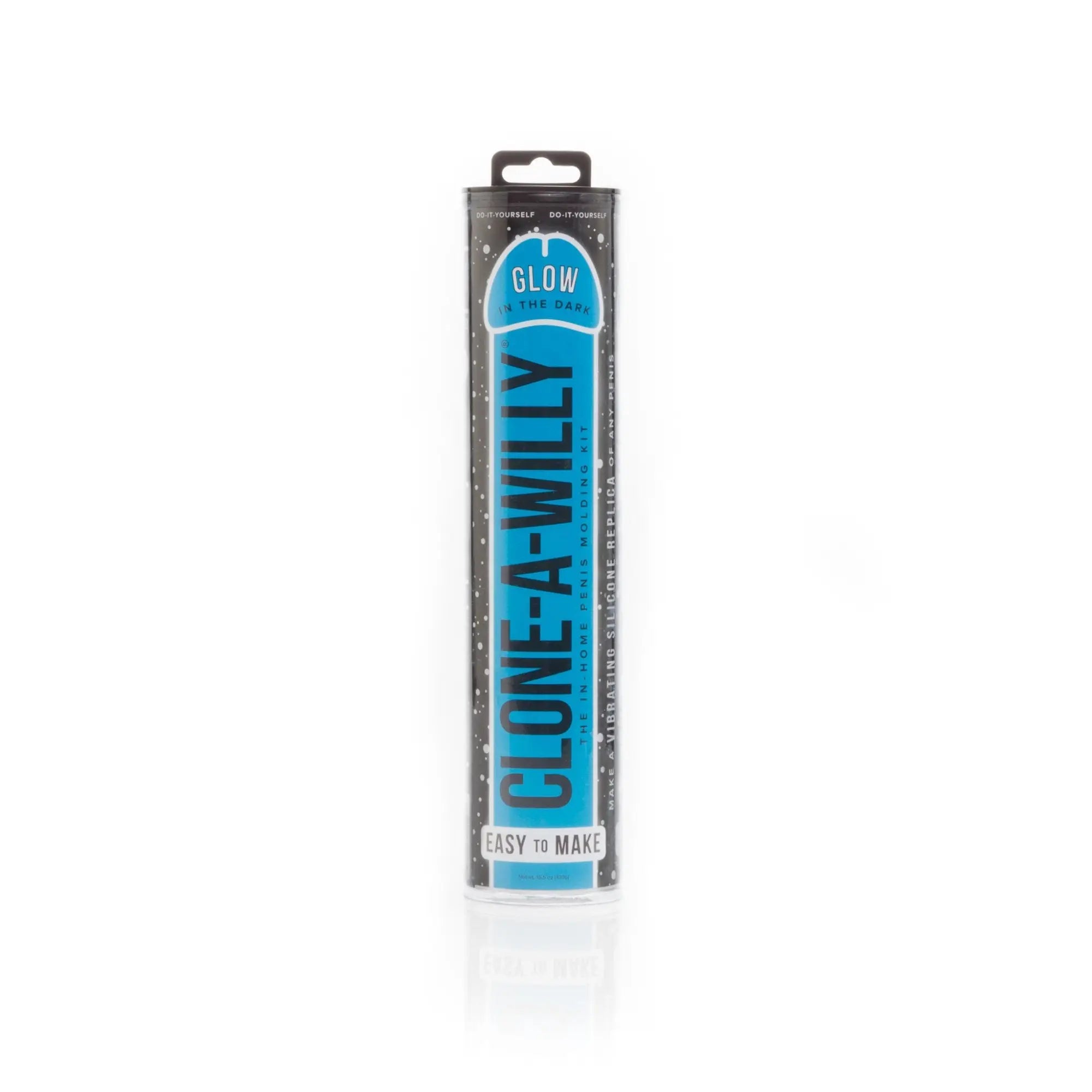 Blue and black clone a willy glow silicone molding kit in a clear cylindrical package for diy casting