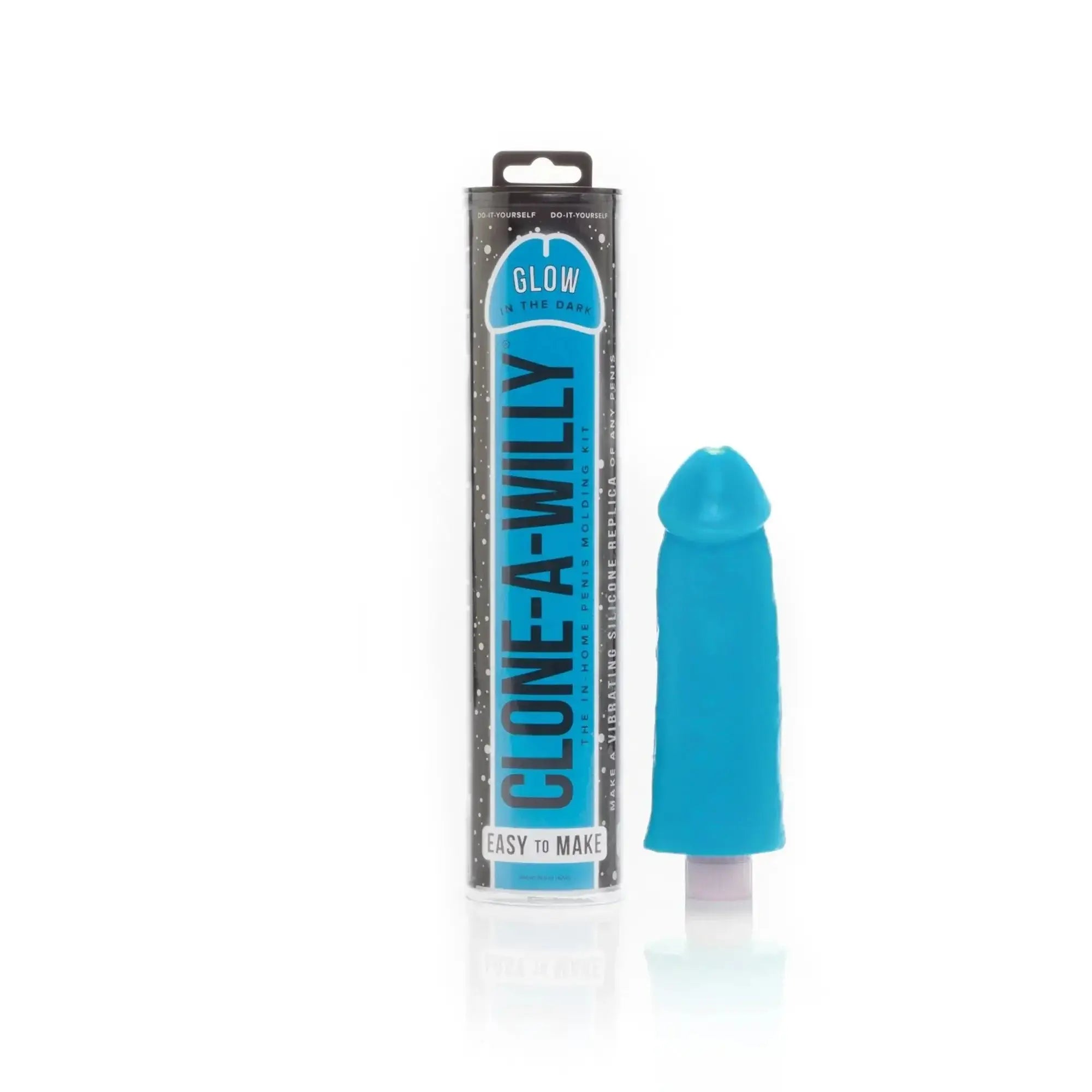 A vibrant blue silicone diy home use replica of a penis from clone a willy glow packaged in a sleek black tube