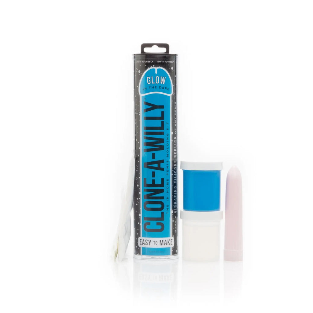 Blue and white clone a willy glow silicone replica kit in black tube packaging for adult use