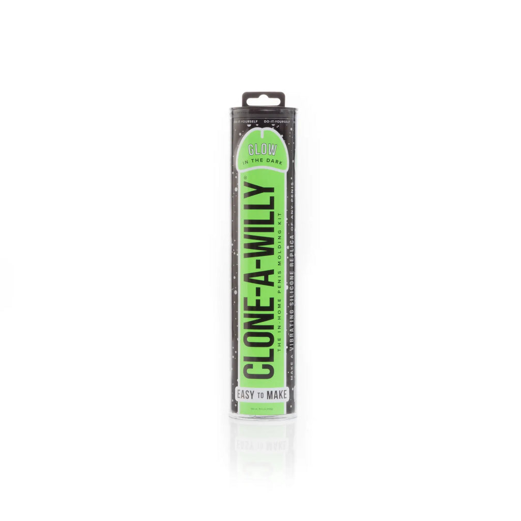 Green and black cylindrical package of clone a willy glow green in-home penis molding kit showing the back side