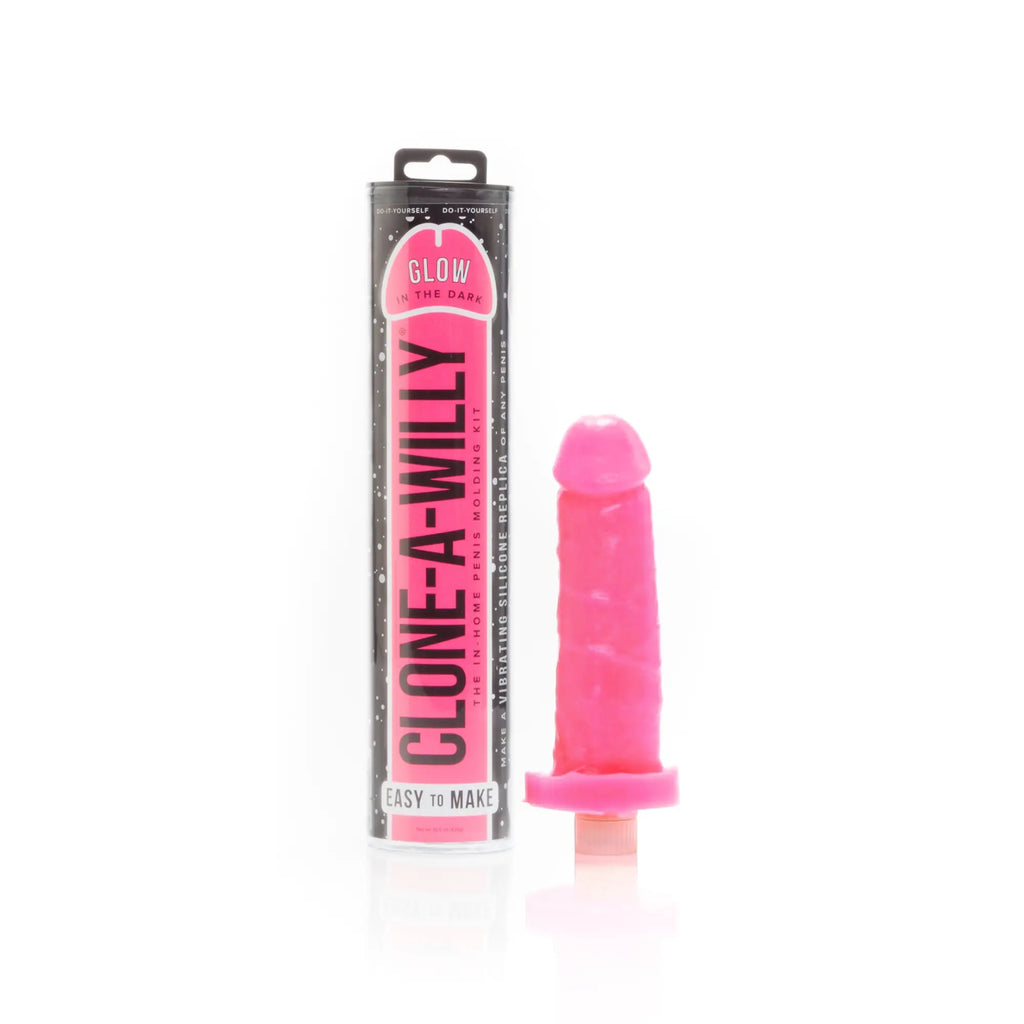 Pink silicone vibrating replica in a tube labeled clone a willy for creating glowing pink clones