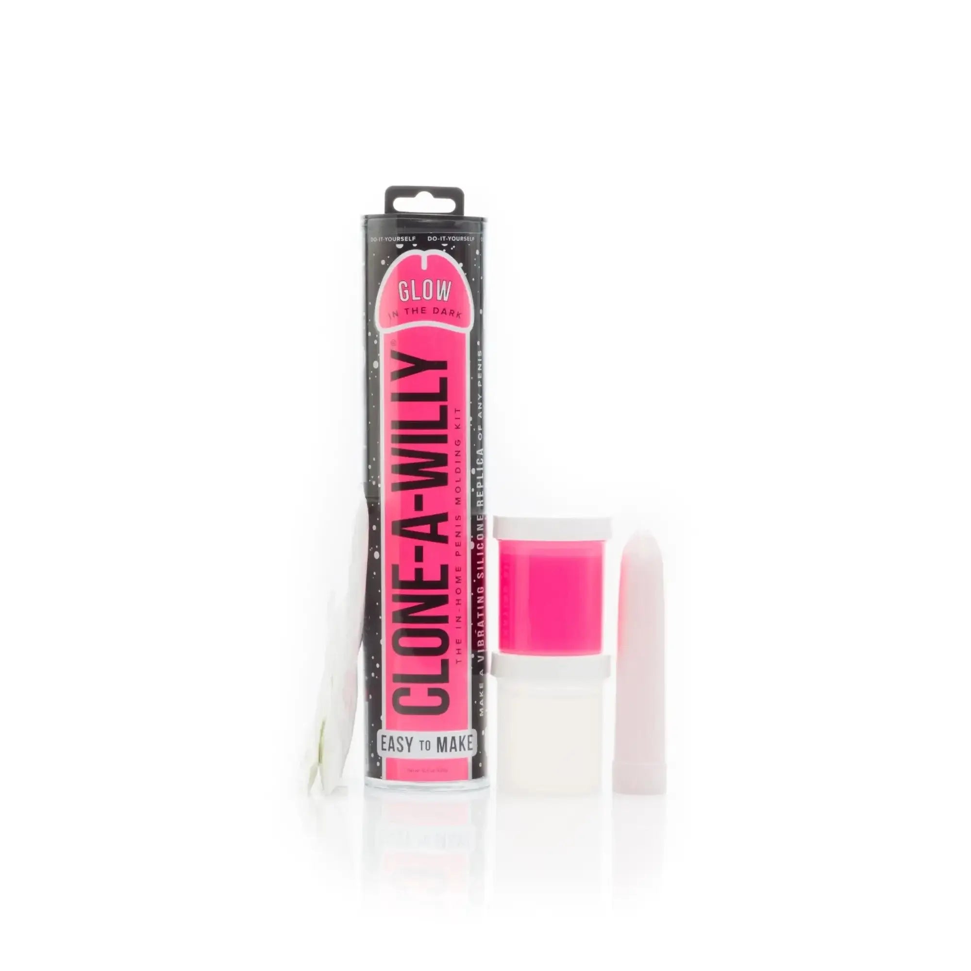 Clone a willy glow pink pink glow-in-the-dark silicone molding kit in a black and pink cylindrical package
