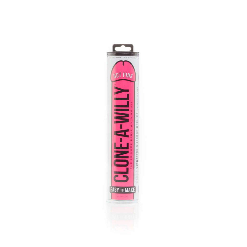 Hot pink clone a willy in-home penis molding kit packaged in a clear cylindrical tube for body casting