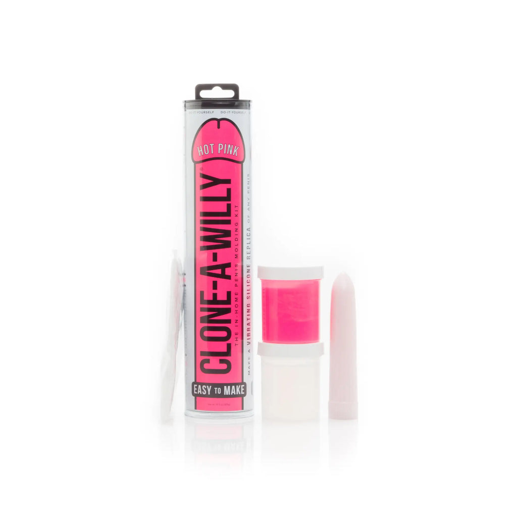 Hot pink clone a willy vibrating silicone replica kit in cylindrical package with white and black text