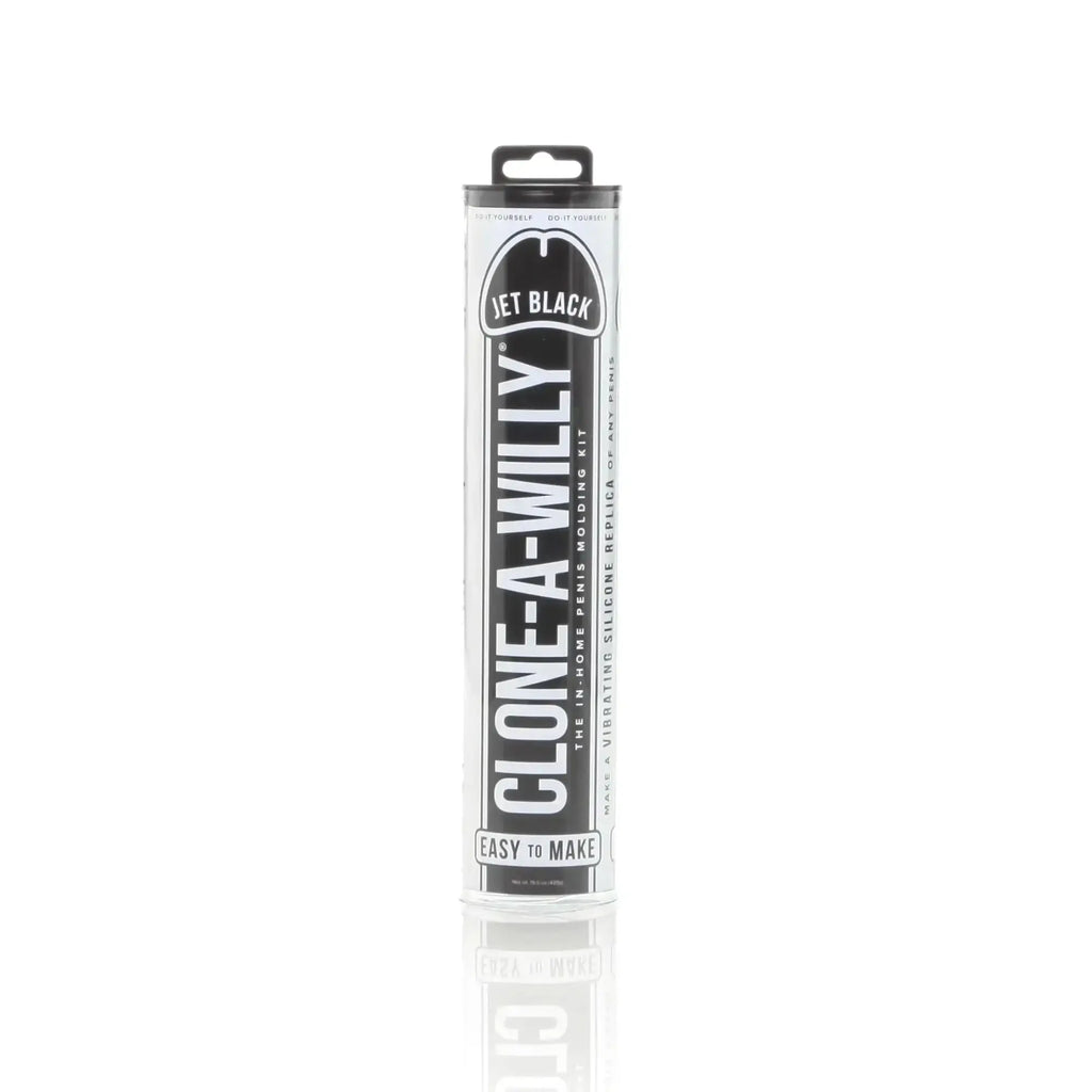 Jet black clone a willy in-home penis molding kit in sleek black and white cylindrical packaging by Clone a Willy