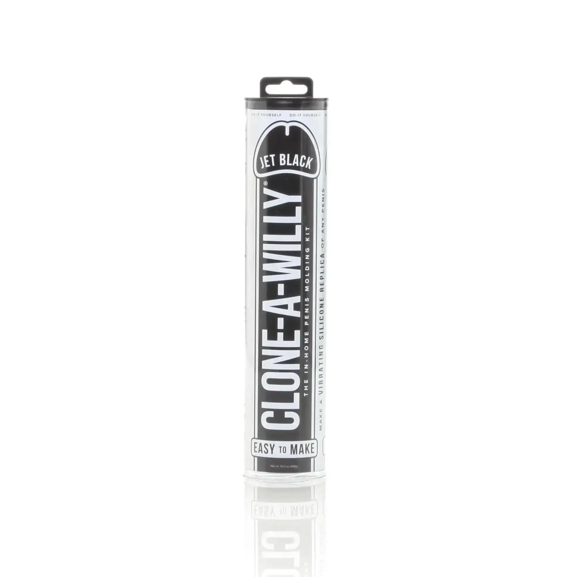 Jet black clone a willy in-home penis molding kit in sleek black and white cylindrical packaging by Clone a Willy