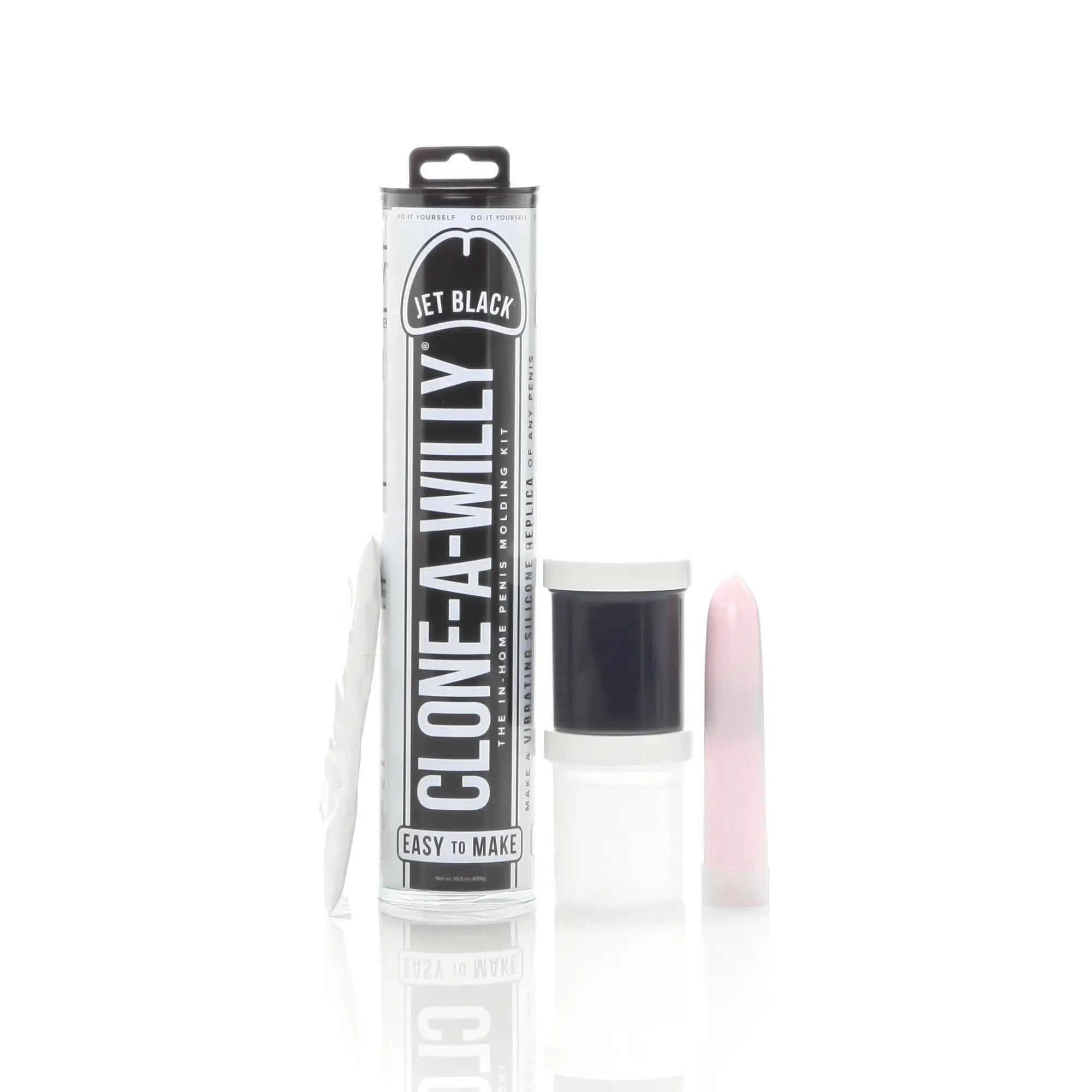 Jet black clone a willy in-home penis molding kit with black and pink silicone components for custom molds