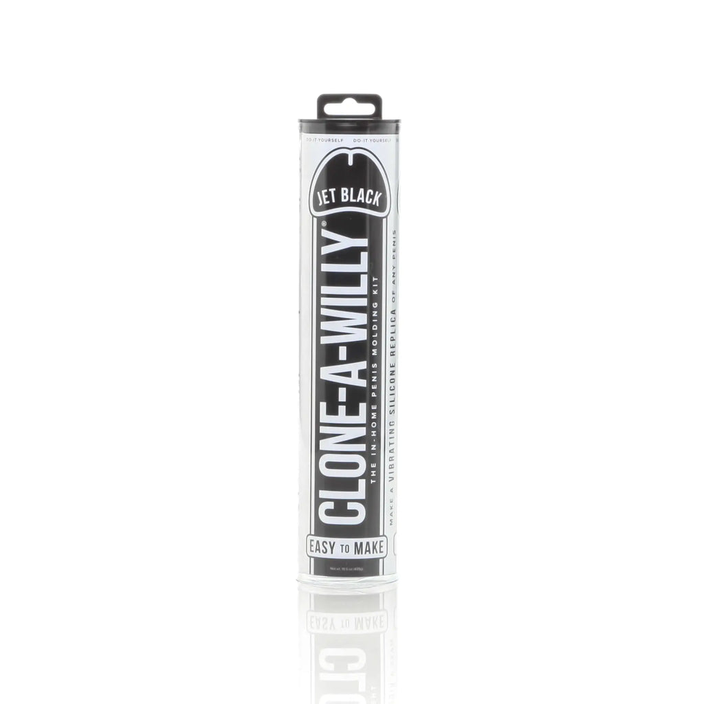 Jet black clone a willy in-home penis molding kit in sleek black and white cylindrical packaging by Clone a Willy