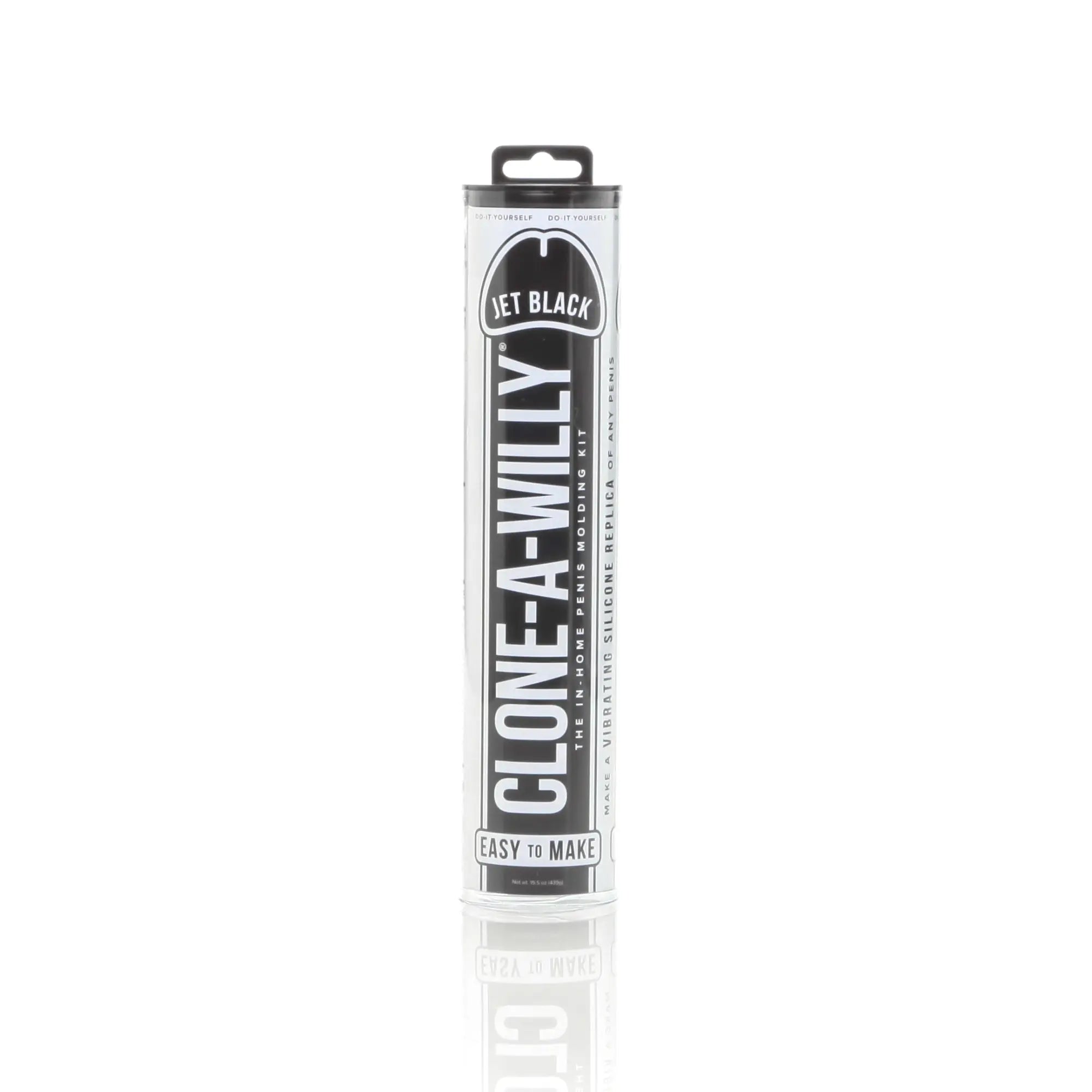 Jet black clone a willy in-home penis molding kit in sleek black and white cylindrical packaging by Clone a Willy