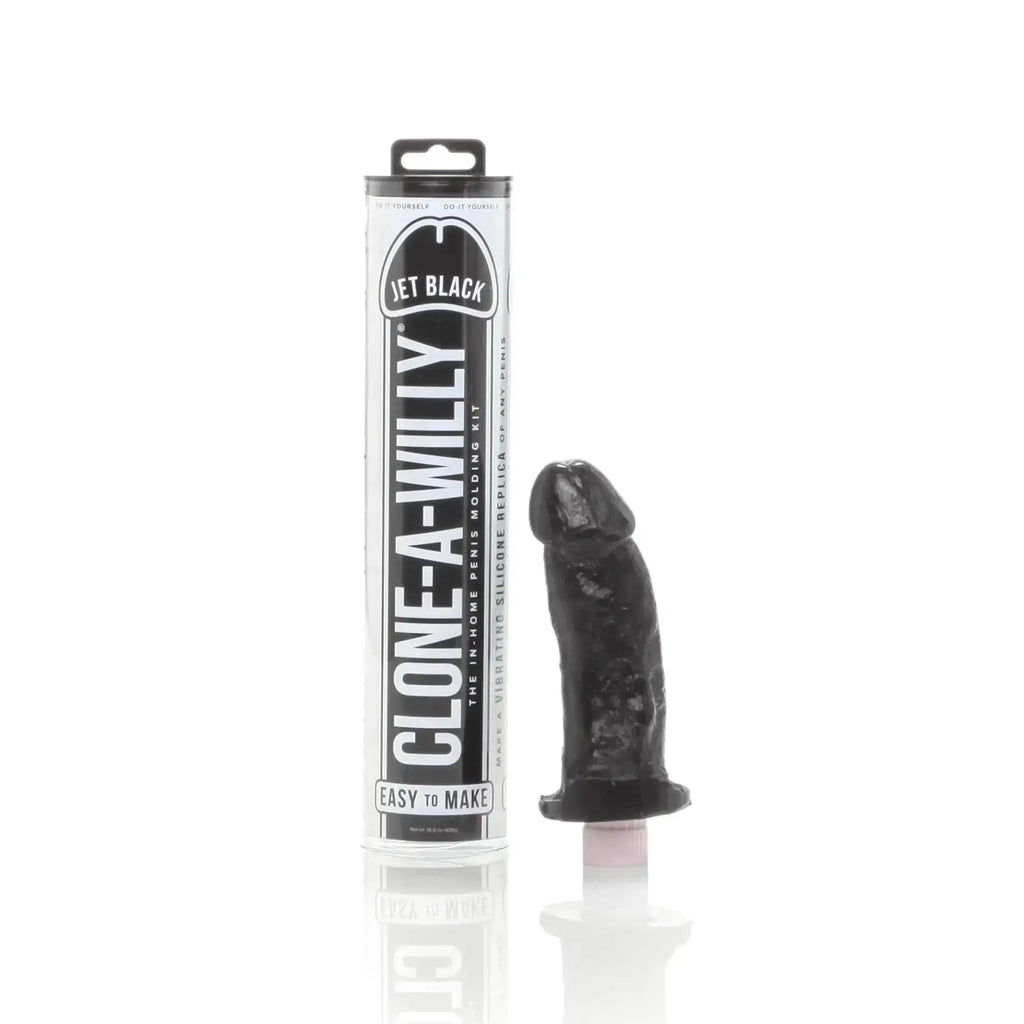 Jet black clone a willy silicone penis replica showing detailed texture and realistic design for personal use