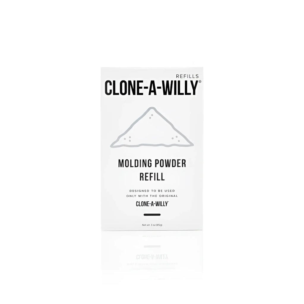 White rectangular box of clone a willy molding powder refill with minimalist black text and gray triangular illustration