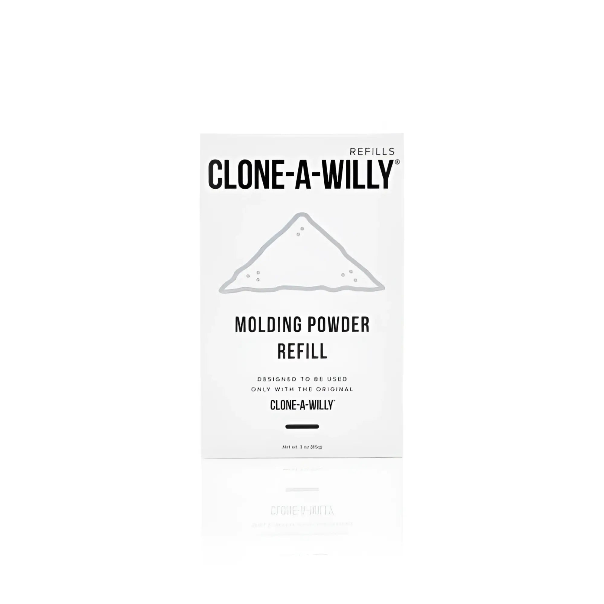 White rectangular box of clone a willy molding powder refill with minimalist black text and gray triangular illustration