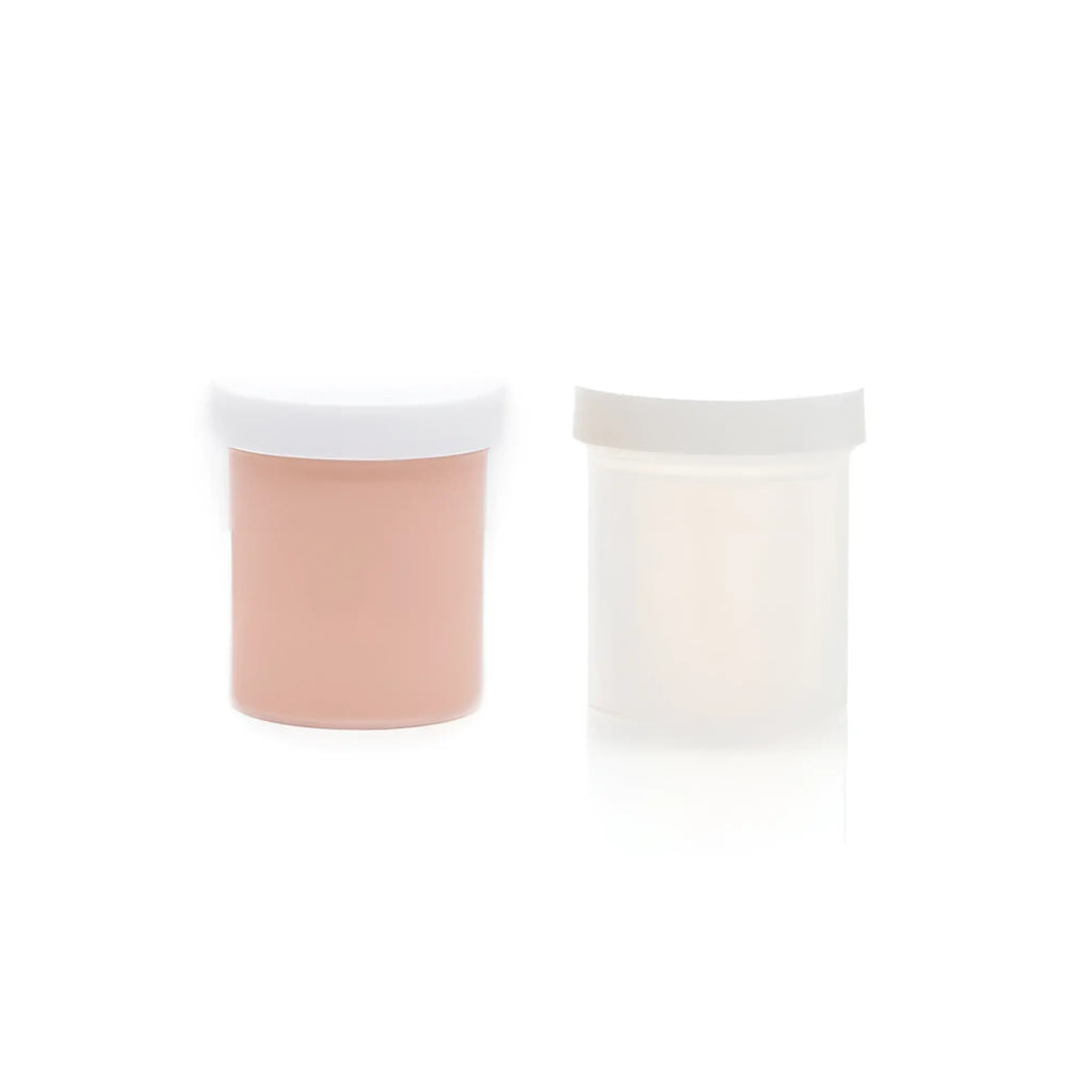 Two small translucent plastic jars with white lids containing peach silicone refill and clear liquid for clone a willy kit flesh