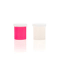 Two small cylindrical silicone refill containers with white lids in hot pink and translucent for clone a willy kit