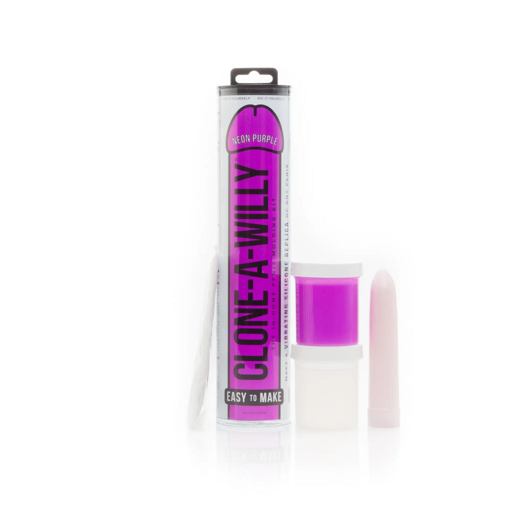Neon purple clone a willy silicone vibrating dildo molding kit in clear packaging with white base and cap