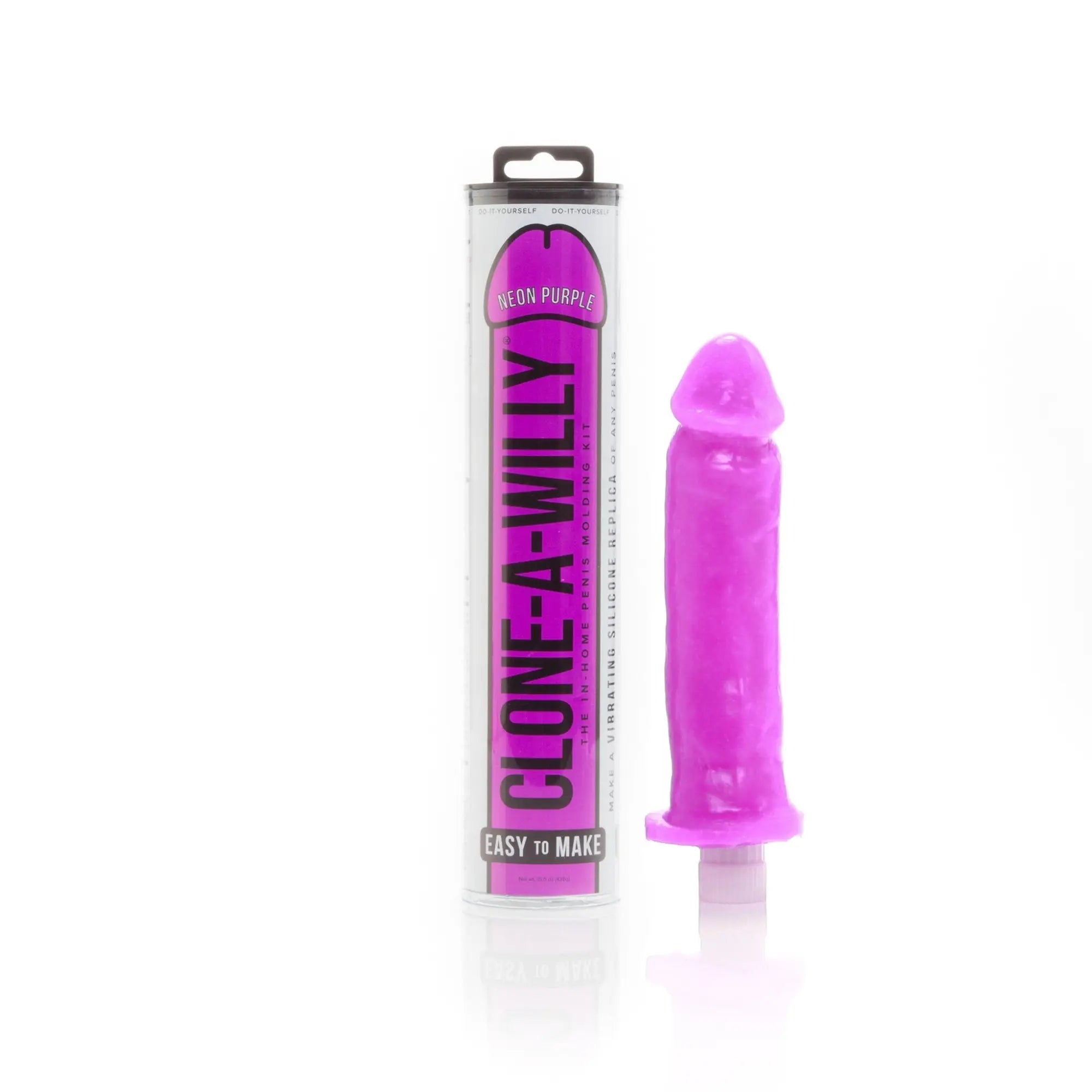 Neon purple silicone vibrating penis mold kit in clear packaging from clone a willy for making custom replicas