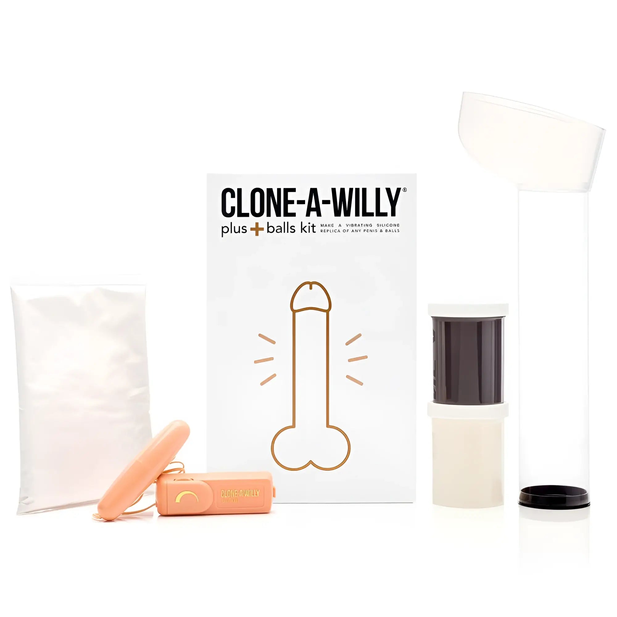 The clone a willy plus balls kit deep skin tone includes a peach silicone tool, a white and gray container, and an orange keychain device