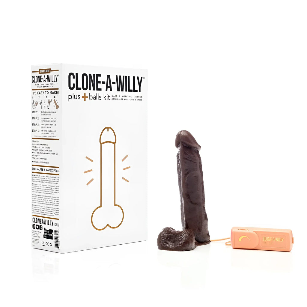 Dark brown silicone male genital replica with base and orange remote control clone a willy plus balls kit deep skin tone