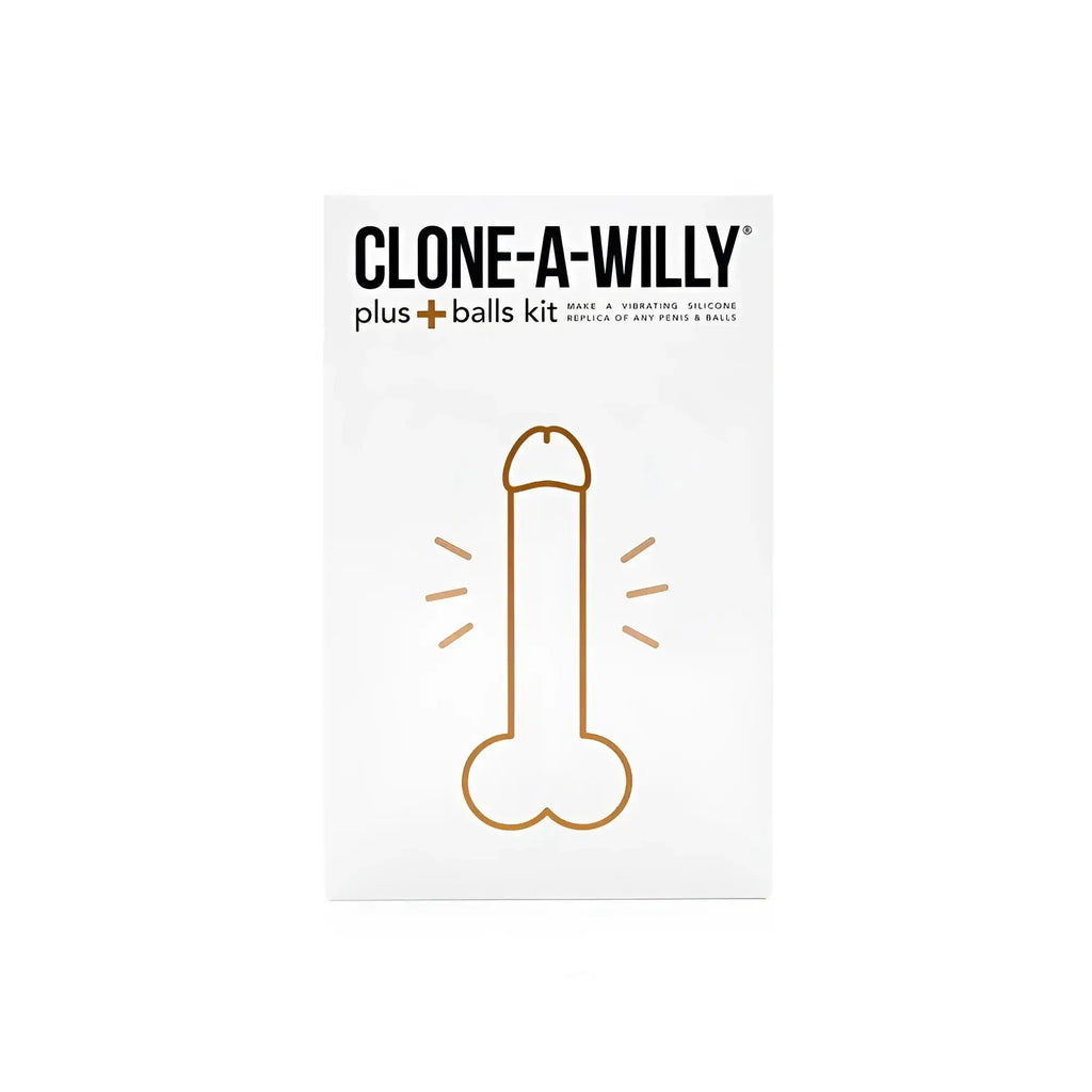 Clone a willy plus balls kit deep skin tone with white packaging and gold line art of a vibrating silicone replica