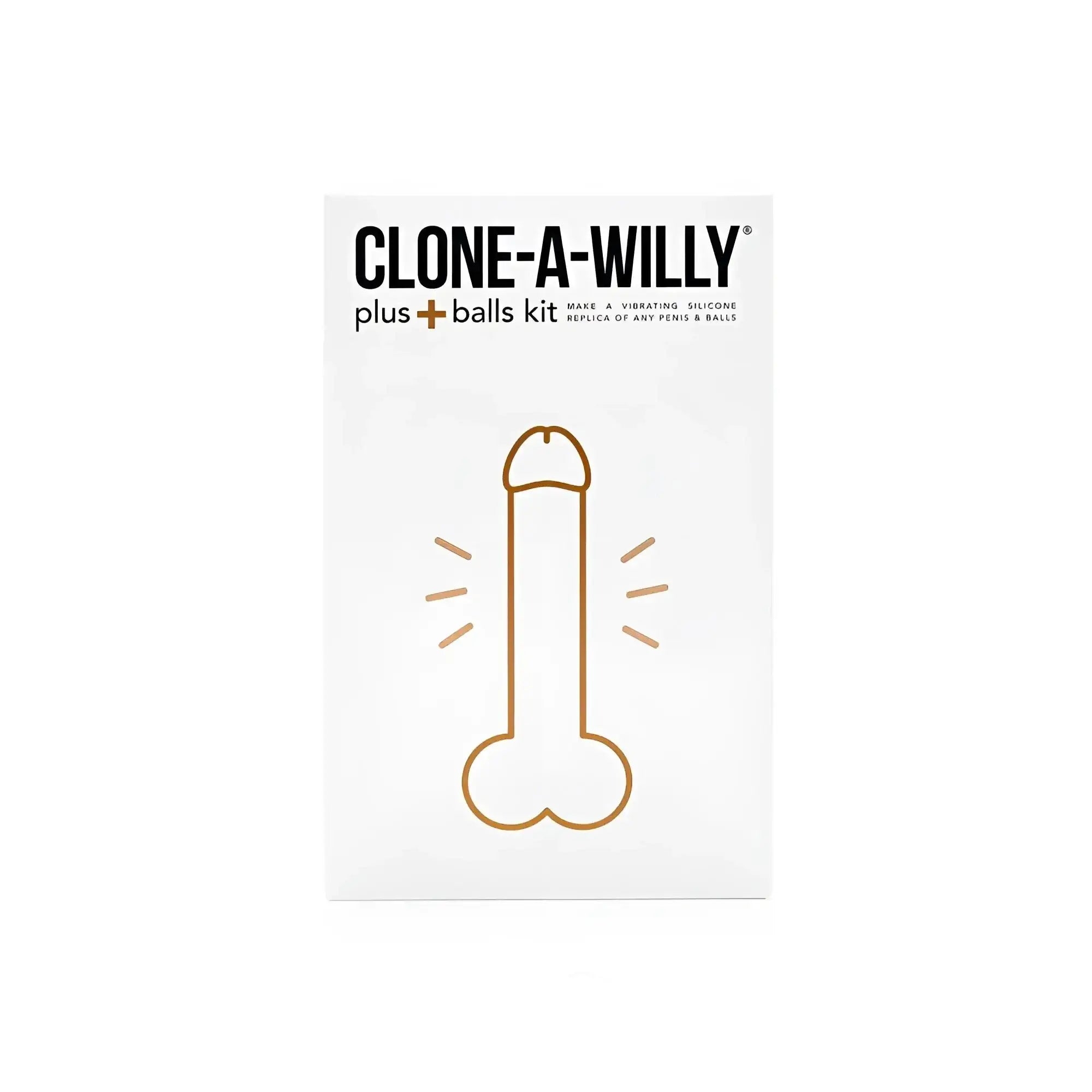 Clone a willy plus balls kit deep skin tone with white packaging and gold line art of a vibrating silicone replica