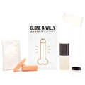 The clone a willy plus balls kit deep skin tone includes a peach silicone tool, a white and gray container.