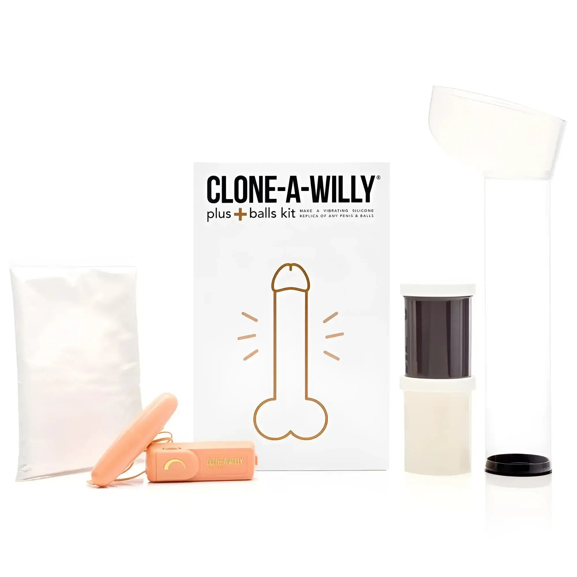 The clone a willy plus balls kit deep skin tone includes a peach silicone tool, a white and gray container.