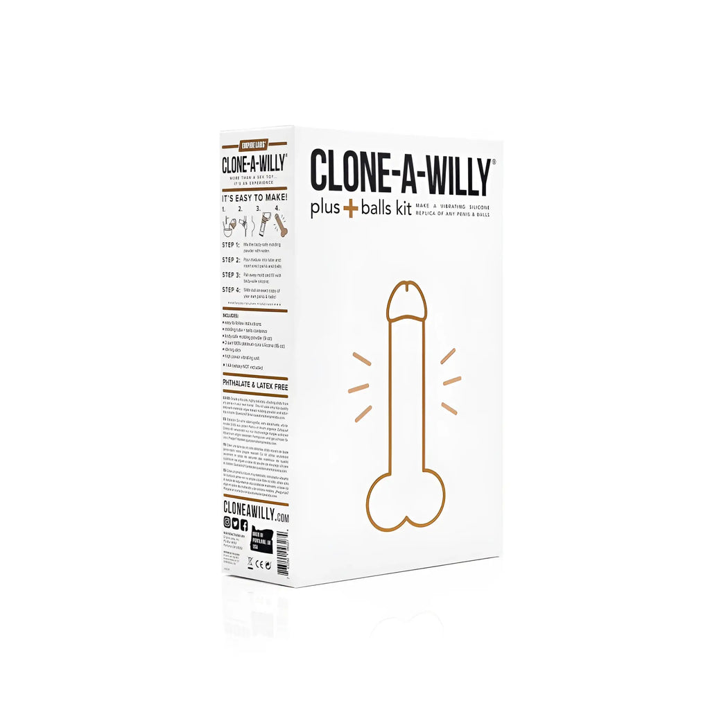 White cardboard box for clone a willy plus balls kit deep skin tone with gold outline phallic illustration and product details