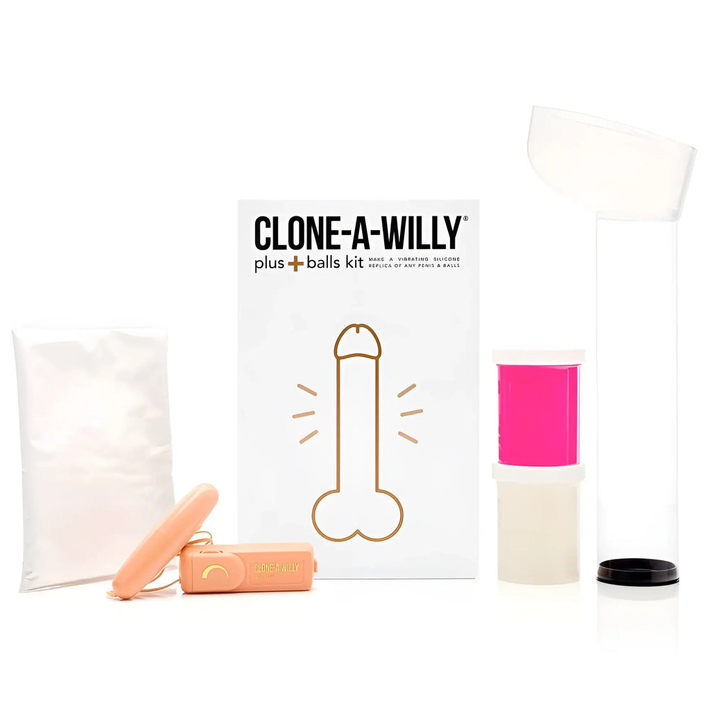 Clone a willy plus balls kit hot pink vibrant silicone replica-making set with playful pink white parts and orange remote control