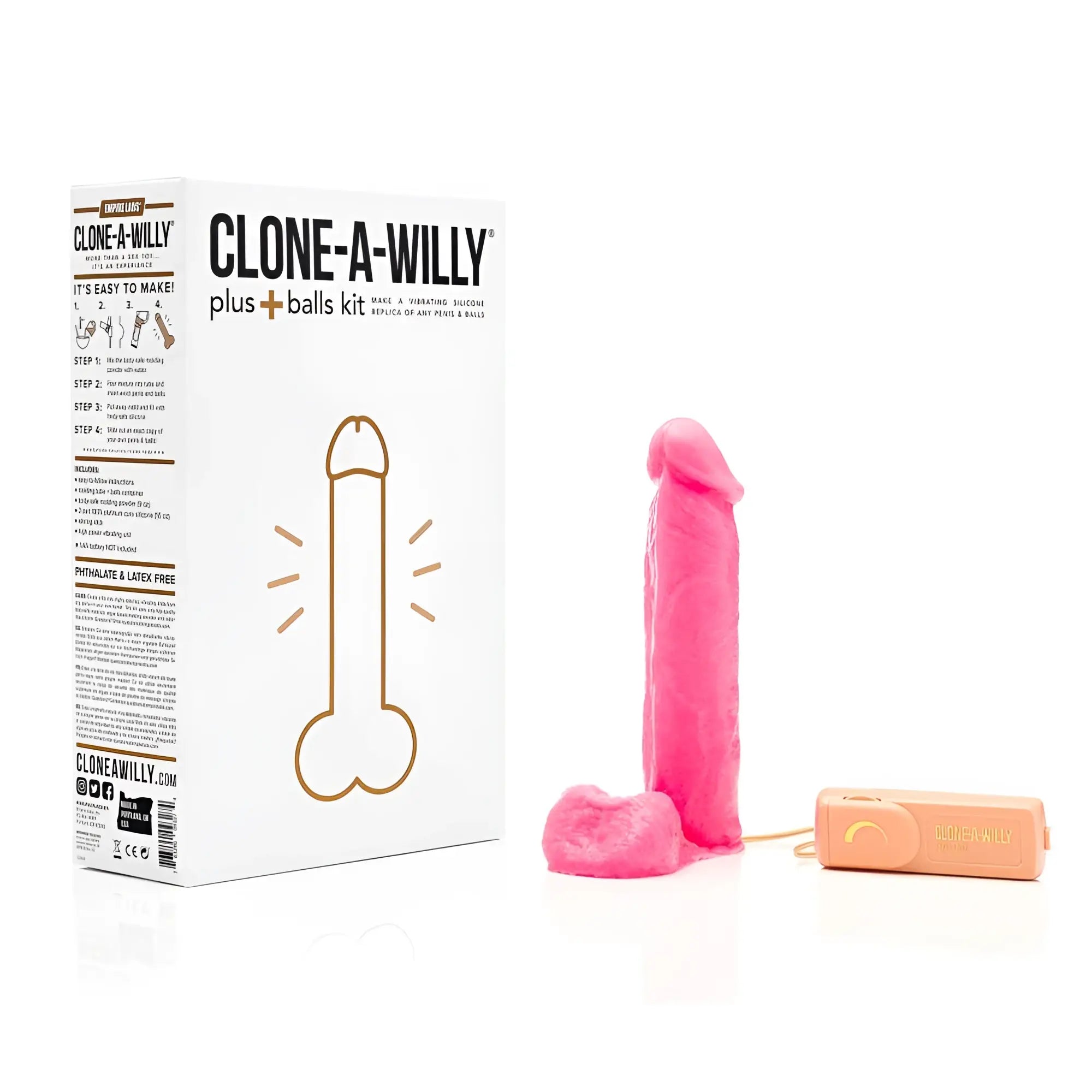 Pink silicone vibrating dildo with attached base and peach remote from clone a willy plus balls kit hot pink
