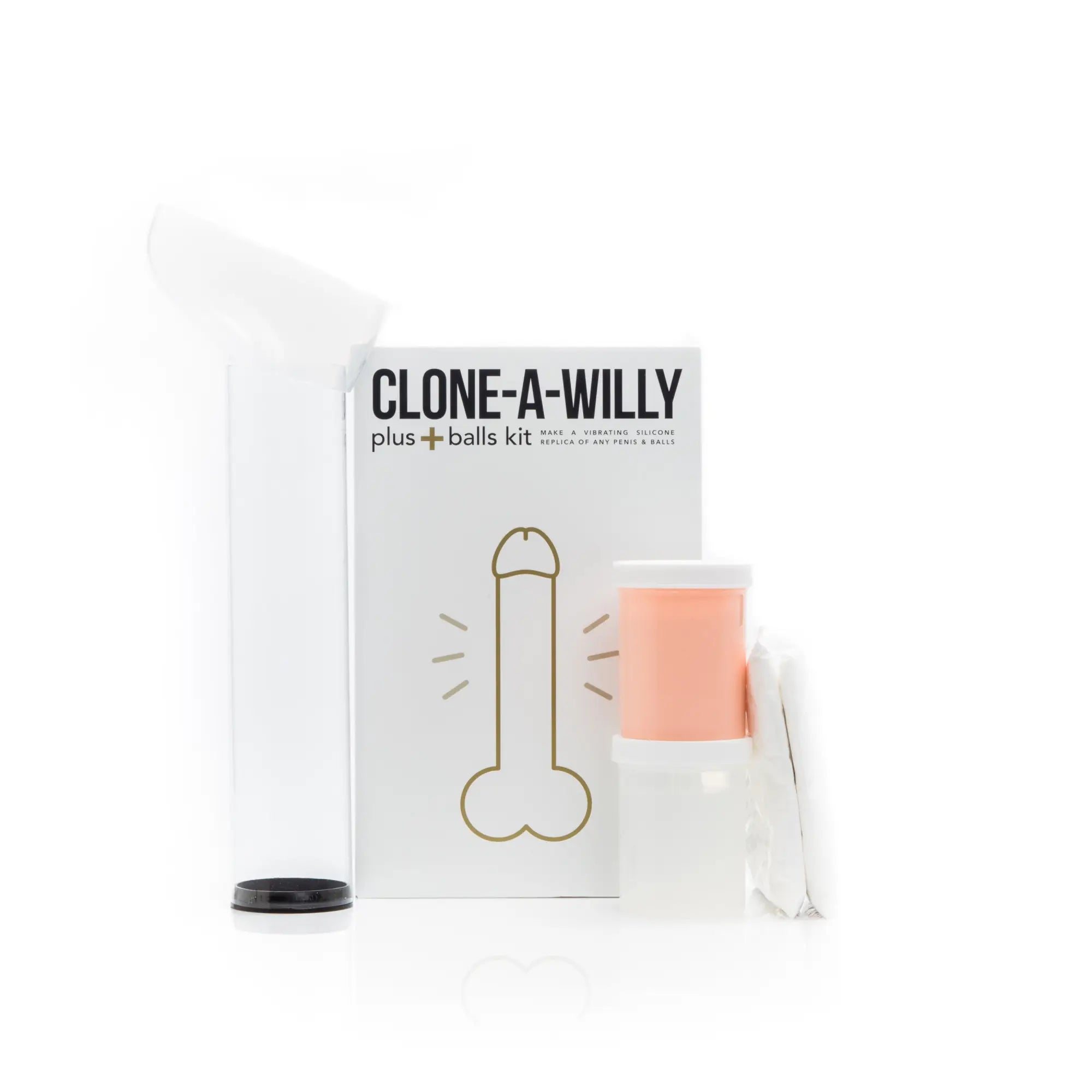 Clone a willy plus balls kit featuring a clear tube with black cap and orange silicone replica in light skin tone