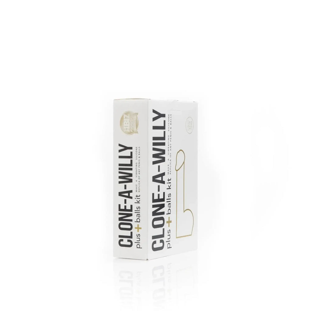 White rectangular box of clone a willy plus balls kit light skin tone with black and gold text minimalist design