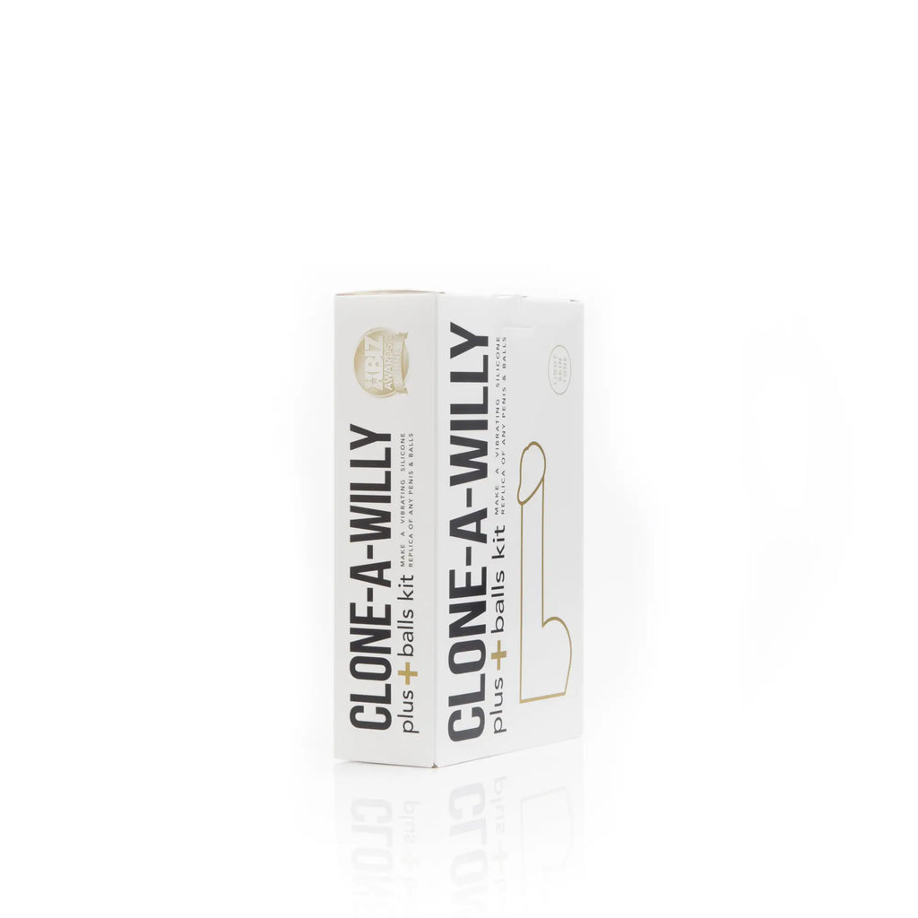White rectangular box of clone a willy plus balls kit light skin tone with black and gold text minimalist design