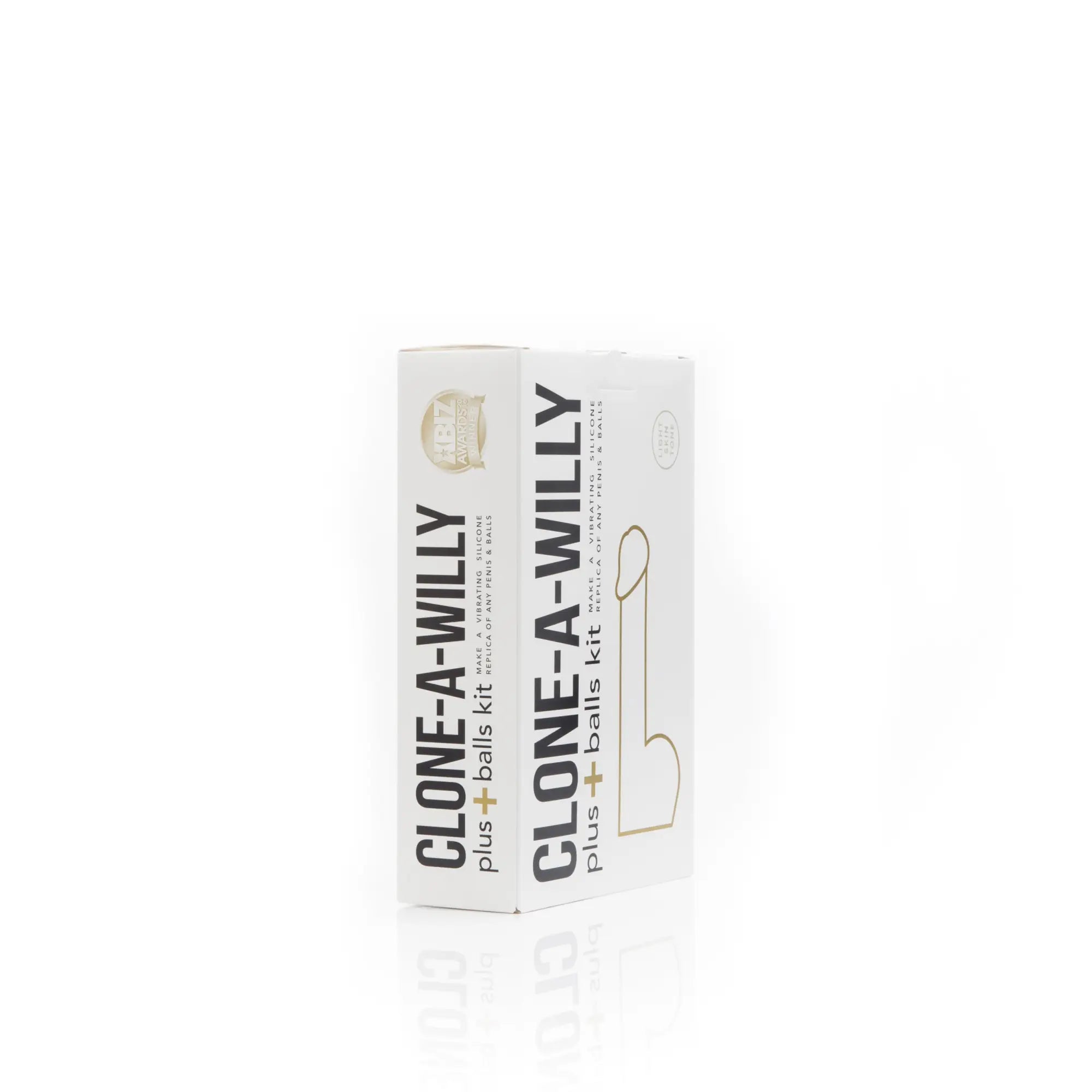 White rectangular box for clone a willy plus balls kit light skin tone with black and gold text and minimalist design