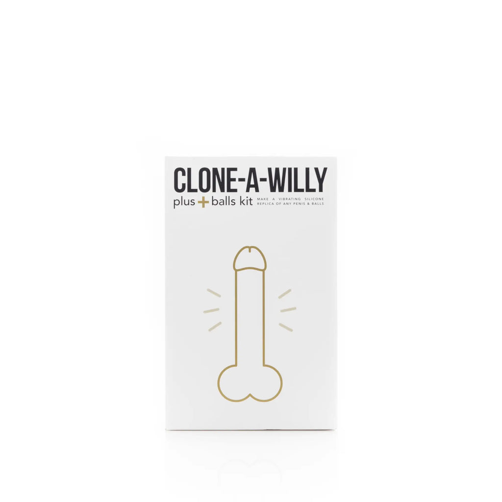 White rectangular box with gold foil phallic outline and black text reading clone a willy plus balls kit light skin tone