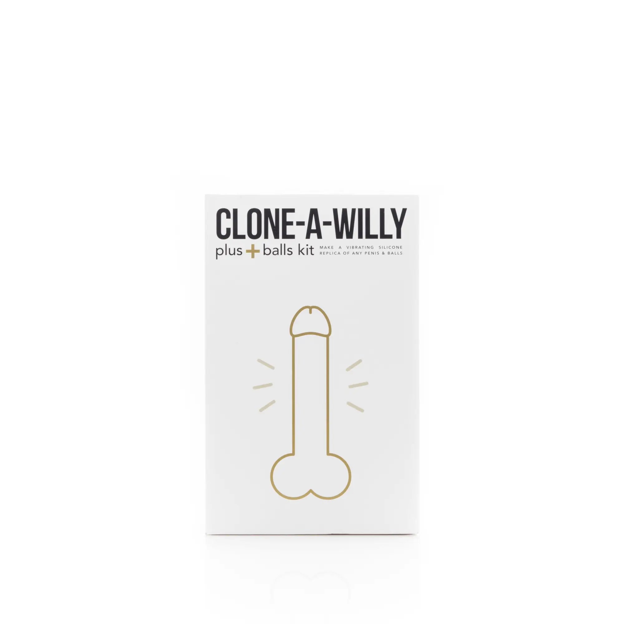 White rectangular box with gold foil phallic outline and black text reading clone a willy plus balls kit light skin tone