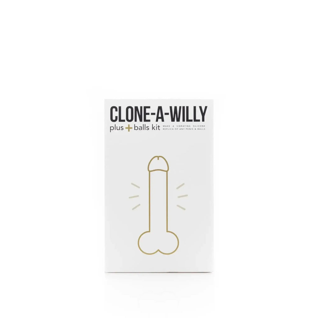 White rectangular box with gold foil phallic outline and black text reading clone a willy plus balls kit light skin tone