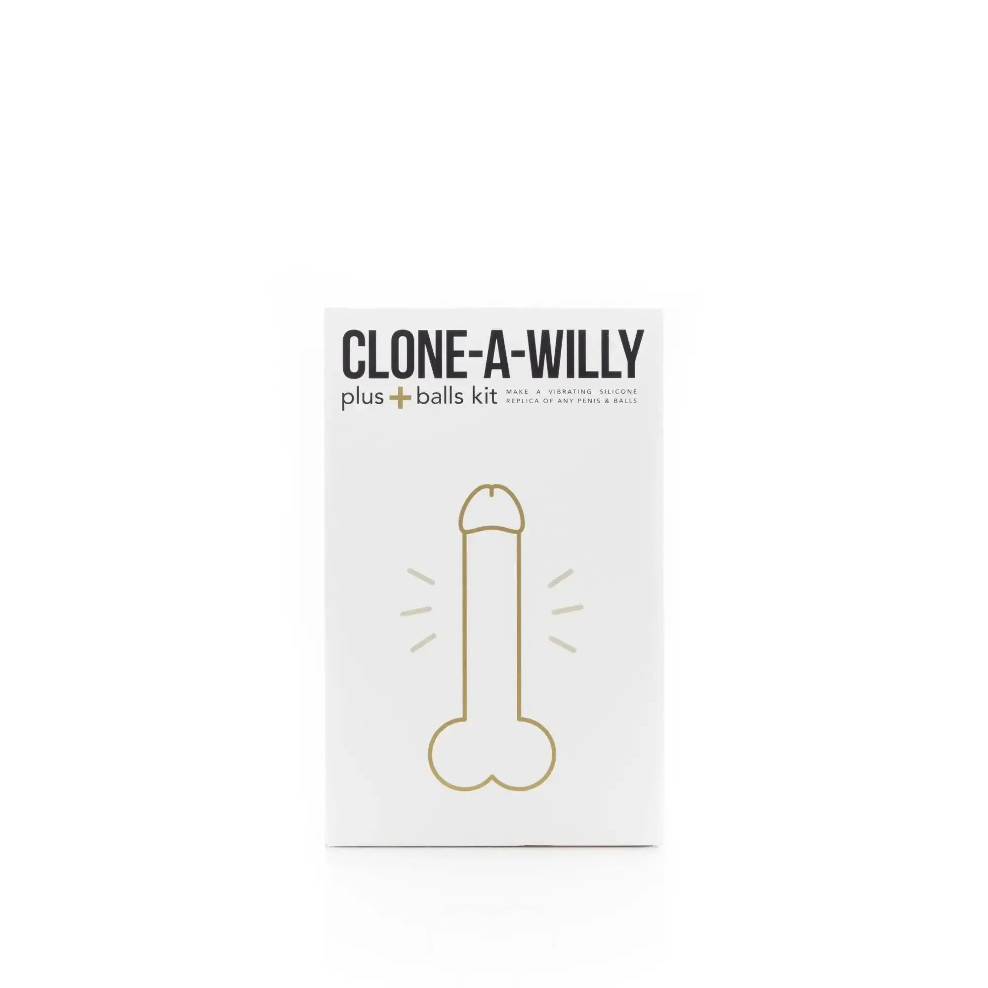 White rectangular box with gold foil phallic outline and black text reading clone a willy plus balls kit light skin tone