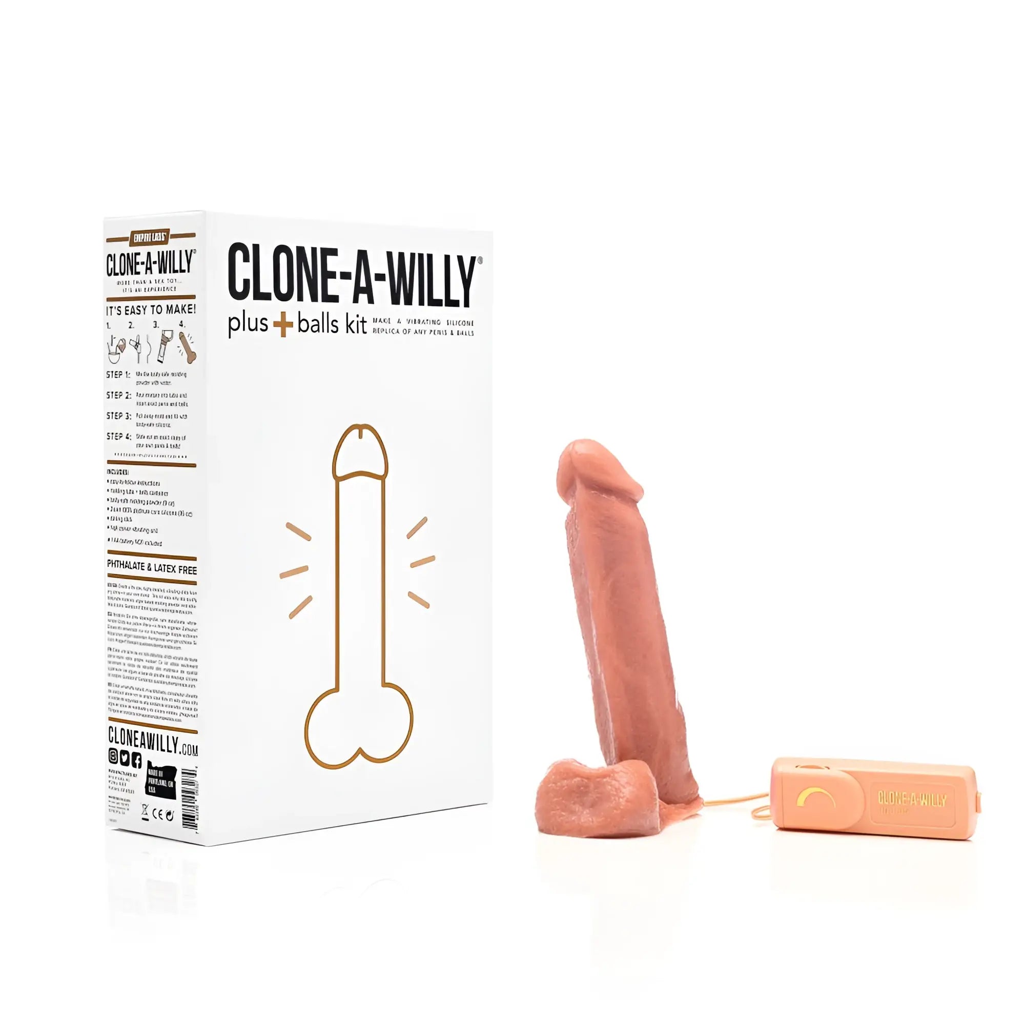 Pink silicone male genital replica with attached remote control from clone a willy plus balls kit medium skin tone