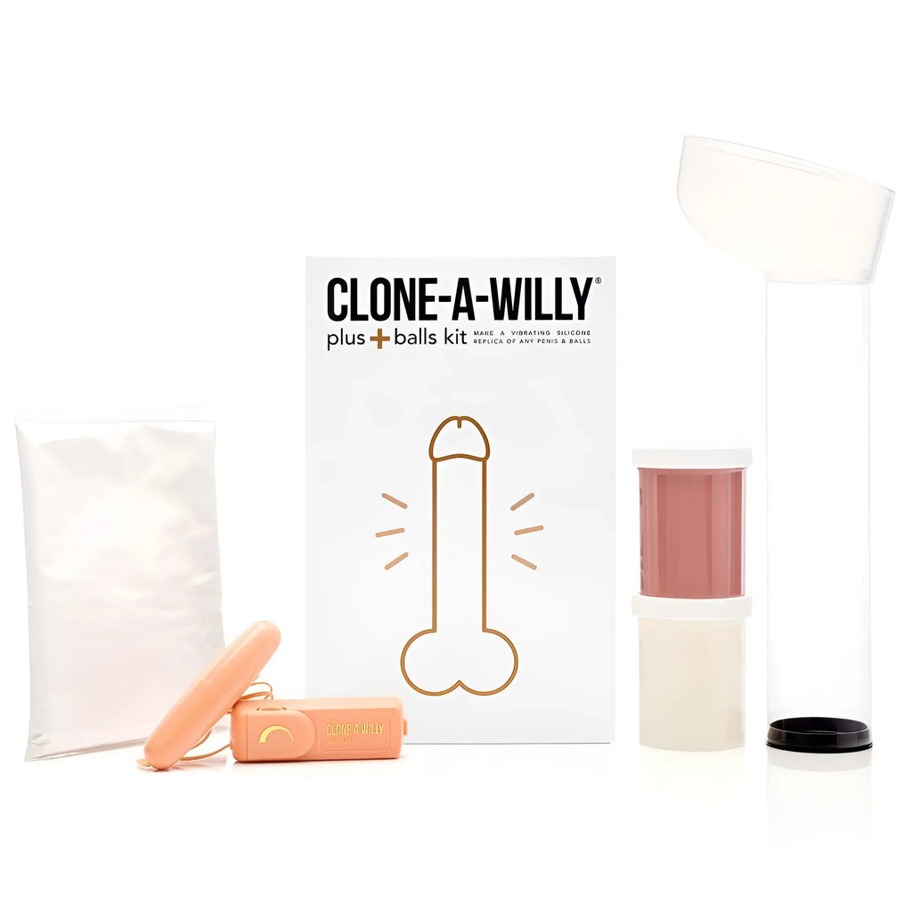 Clone a willy plus balls kit medium skin tone with white box gold line art orange silicone tool and pink molding material