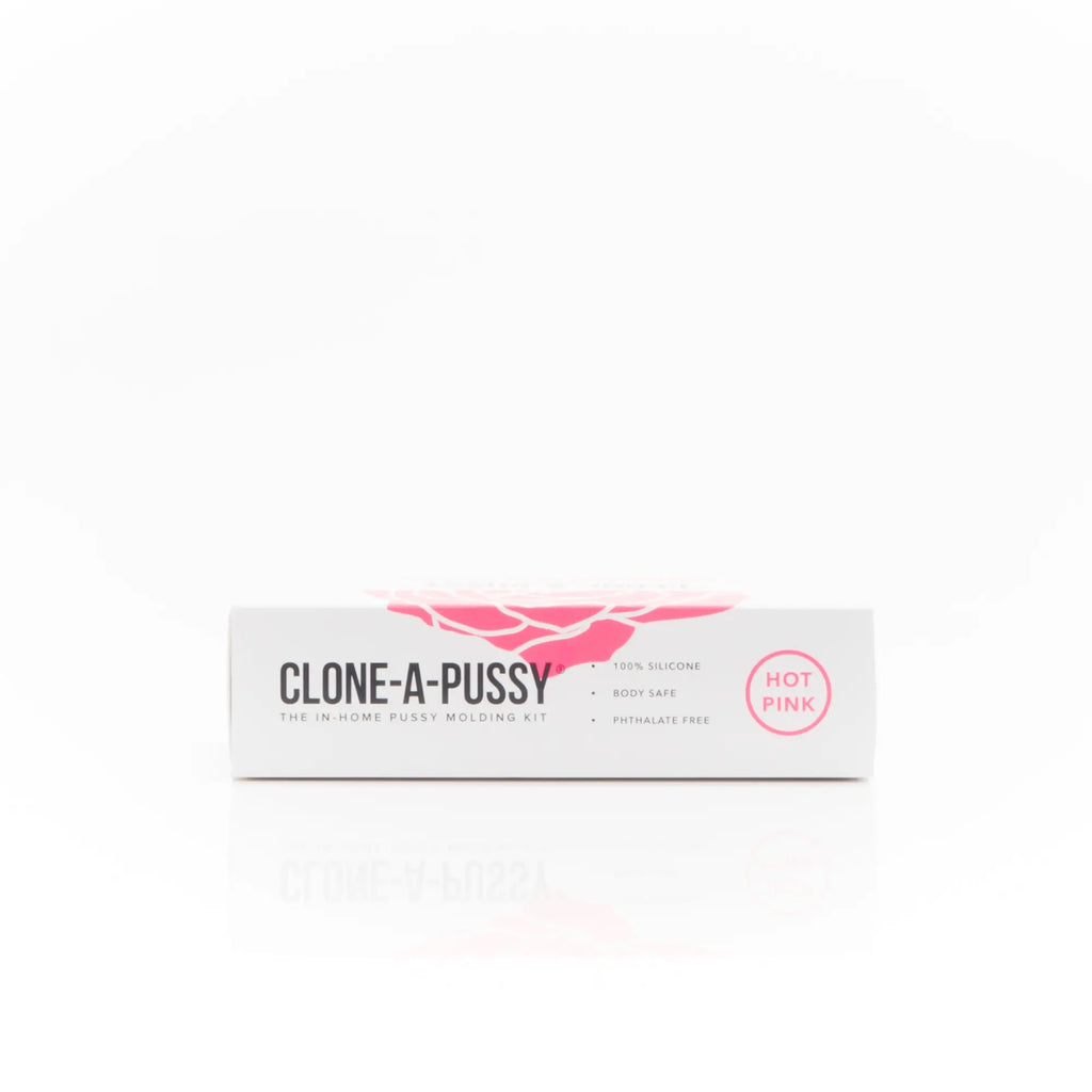 White rectangular box for clone a pussy silicone pink in-home molding kit with hot pink vulva silhouette and pink text