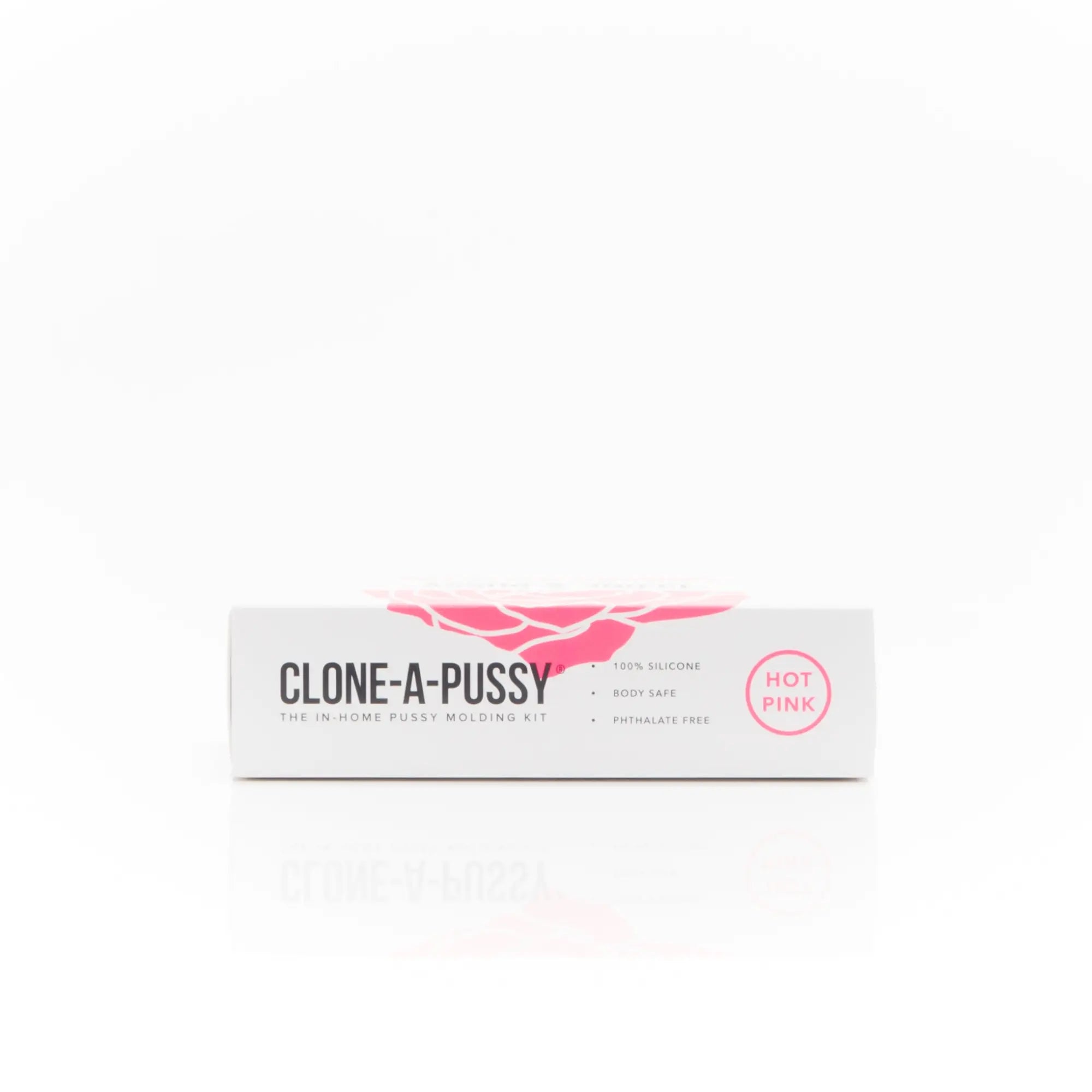 White rectangular box for clone a pussy silicone pink in-home molding kit with hot pink vulva silhouette and pink text