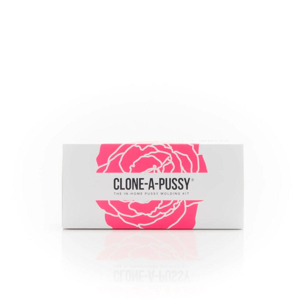 White rectangular clone a pussy silicone molding kit box with vibrant pink rose design for in-home use