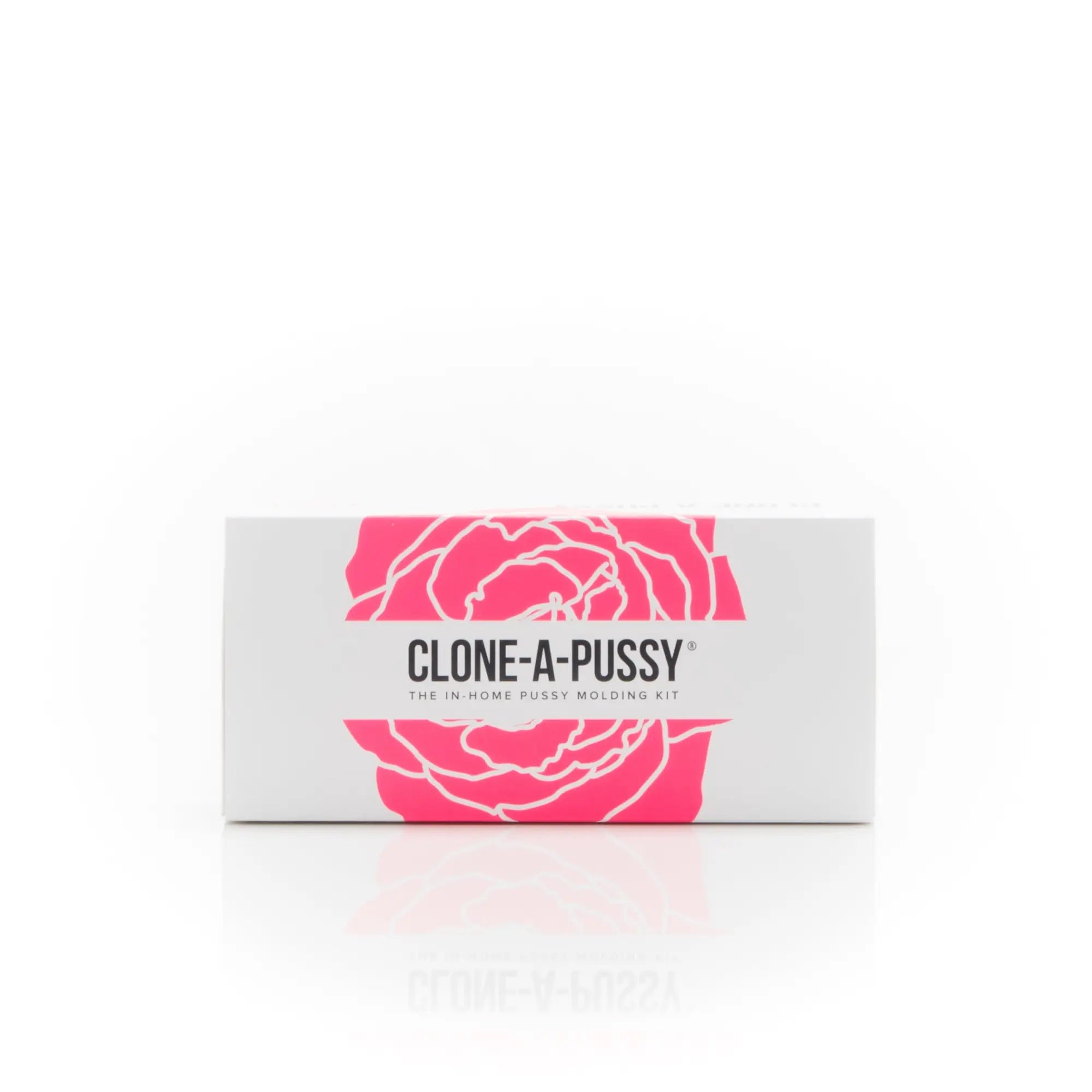 White rectangular clone a pussy silicone molding kit box with vibrant pink rose design for in-home use