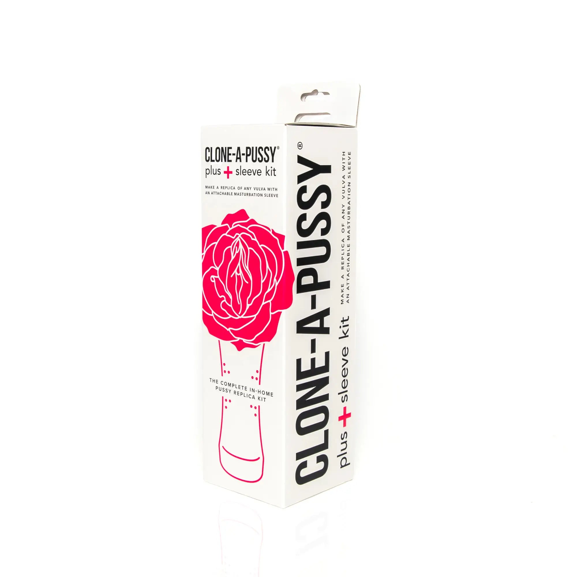 White cardboard box for clone a pussy plus sleeve kit featuring a bold pink rose graphic and black text