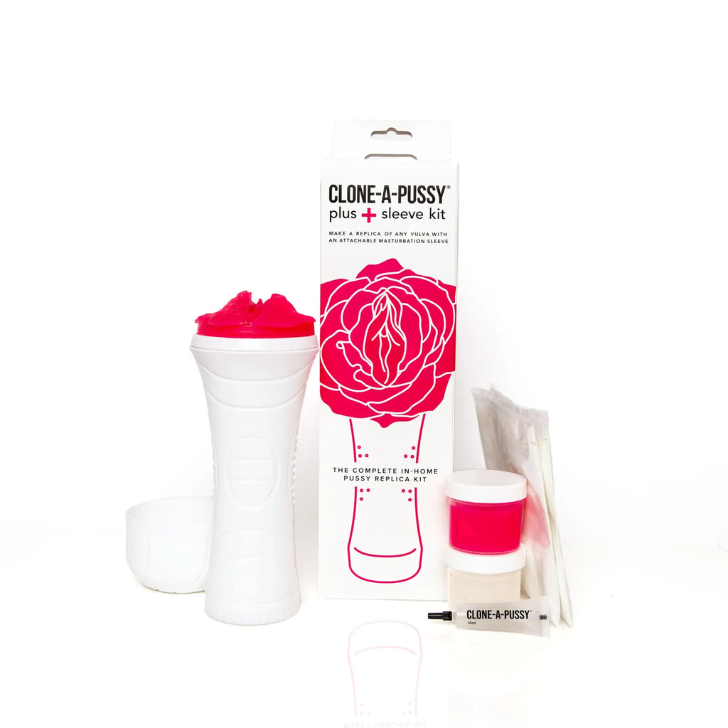White and pink clone a pussy sleeve kit with silicone replica base and gel applicator for realistic molding use