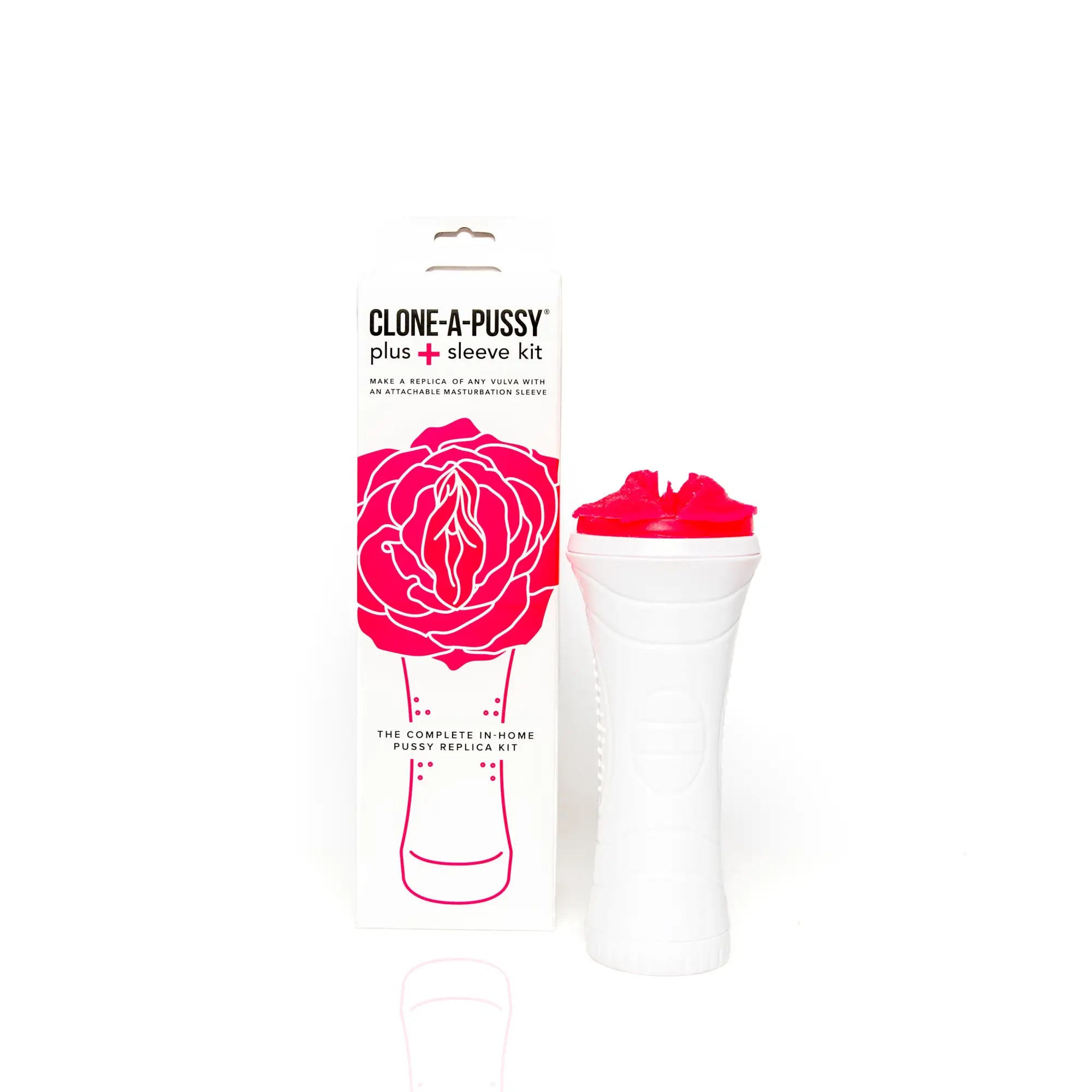 White plastic replica with red silicone cap and textured grip from clone a willy clone a pussy sleeve kit