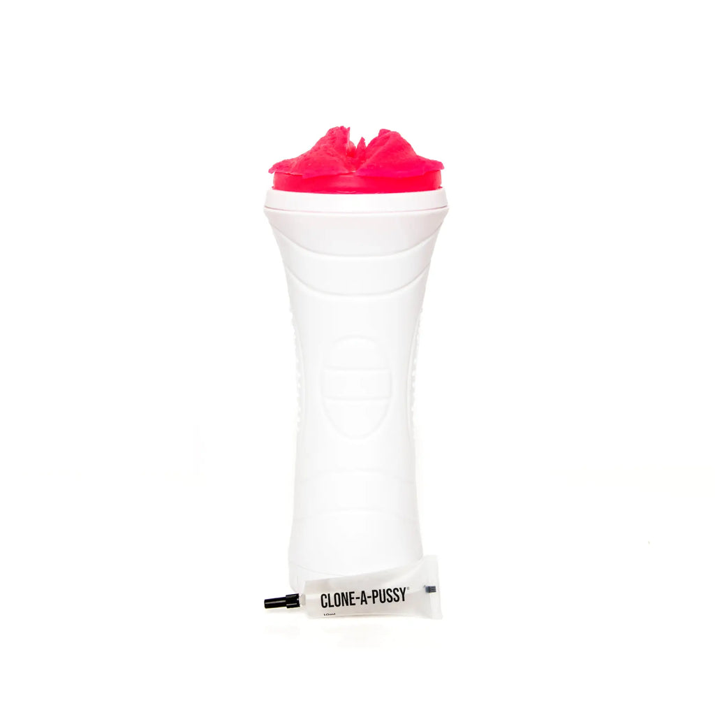 White plastic clone a pussy sleeve kit with bright pink textured top and small black nozzle for molding pleasure toy